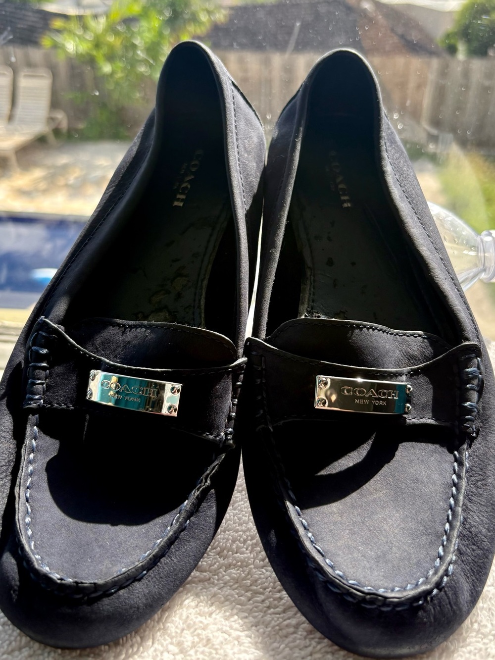 COACH navy blue Suede Metal-Plate Loafers, 8.5